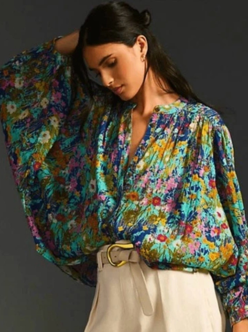 ANTHROPOLOGIE The Sidney Batwing Blouse by Pilcro Green Meadow Floral LARGE